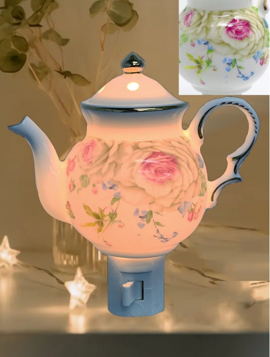 Porcelain Floral Teapot Night Light With Gift Box